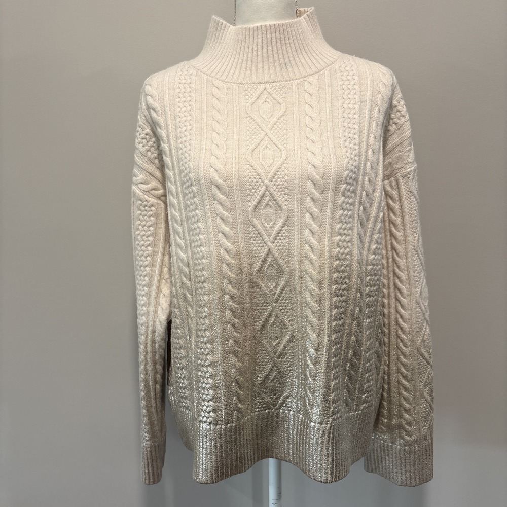 Ann Taylor Cream Textured Cable Knit Fisherman Sweater Size XL Metallic ombre